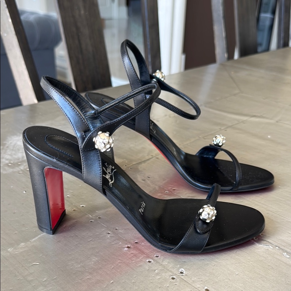 Christian Louboutin atmospheria 85mm thick heel black leather crystal sandal 39